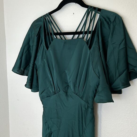 $160 ASOS DESIGN Bridesmaid satin flutter sleeve maxi dress strap details forest - Picture 7 of 11